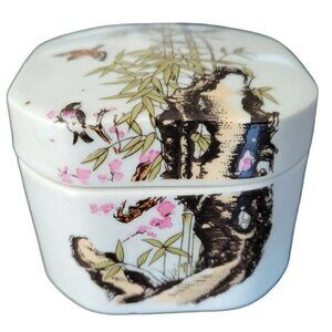 Korean Vintage Trinket Box Porcelain White Bamboo Flowers Birds 3.25"x3.25"x2.5"
